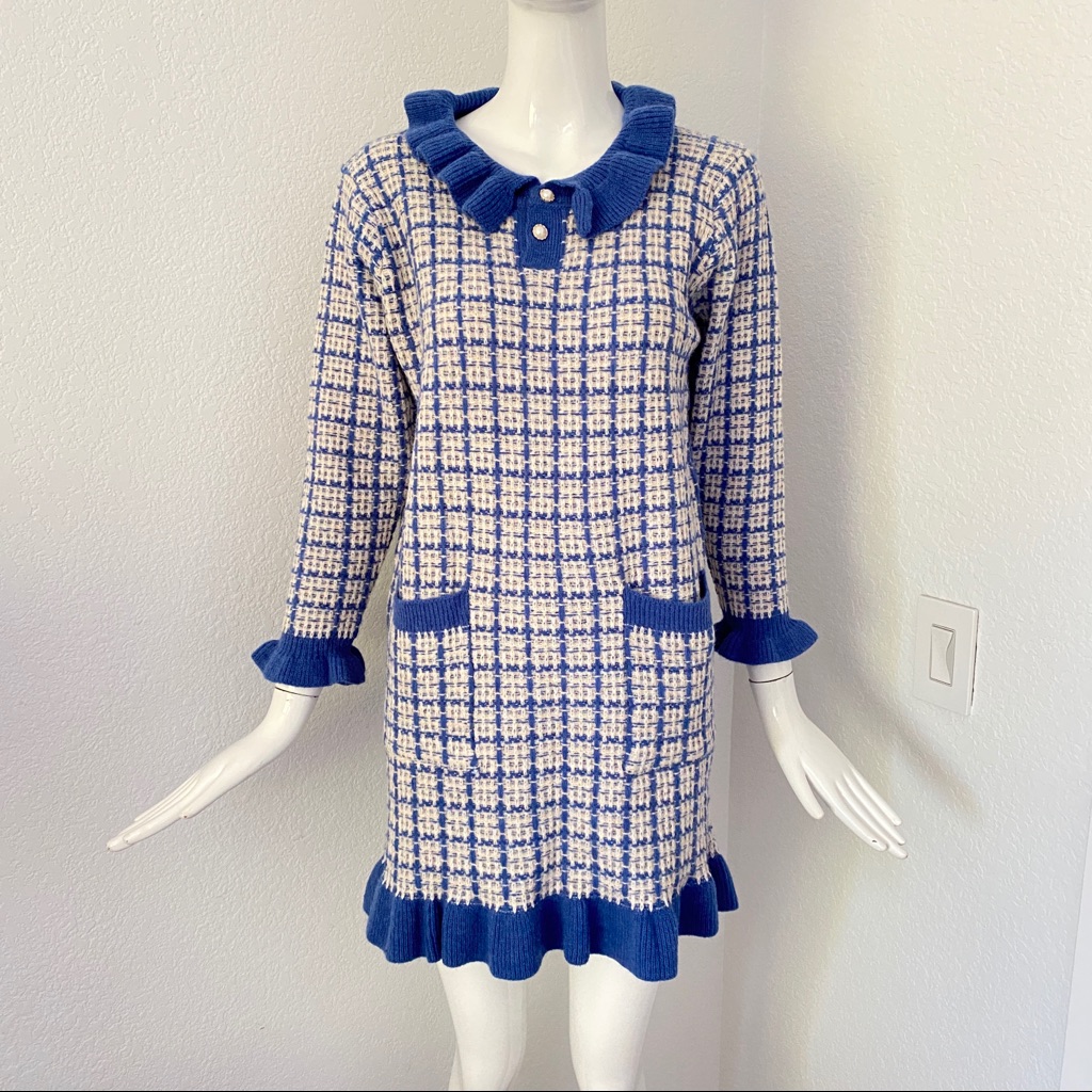 Blue White Check Knit Ruffle Trim Sweater Dress